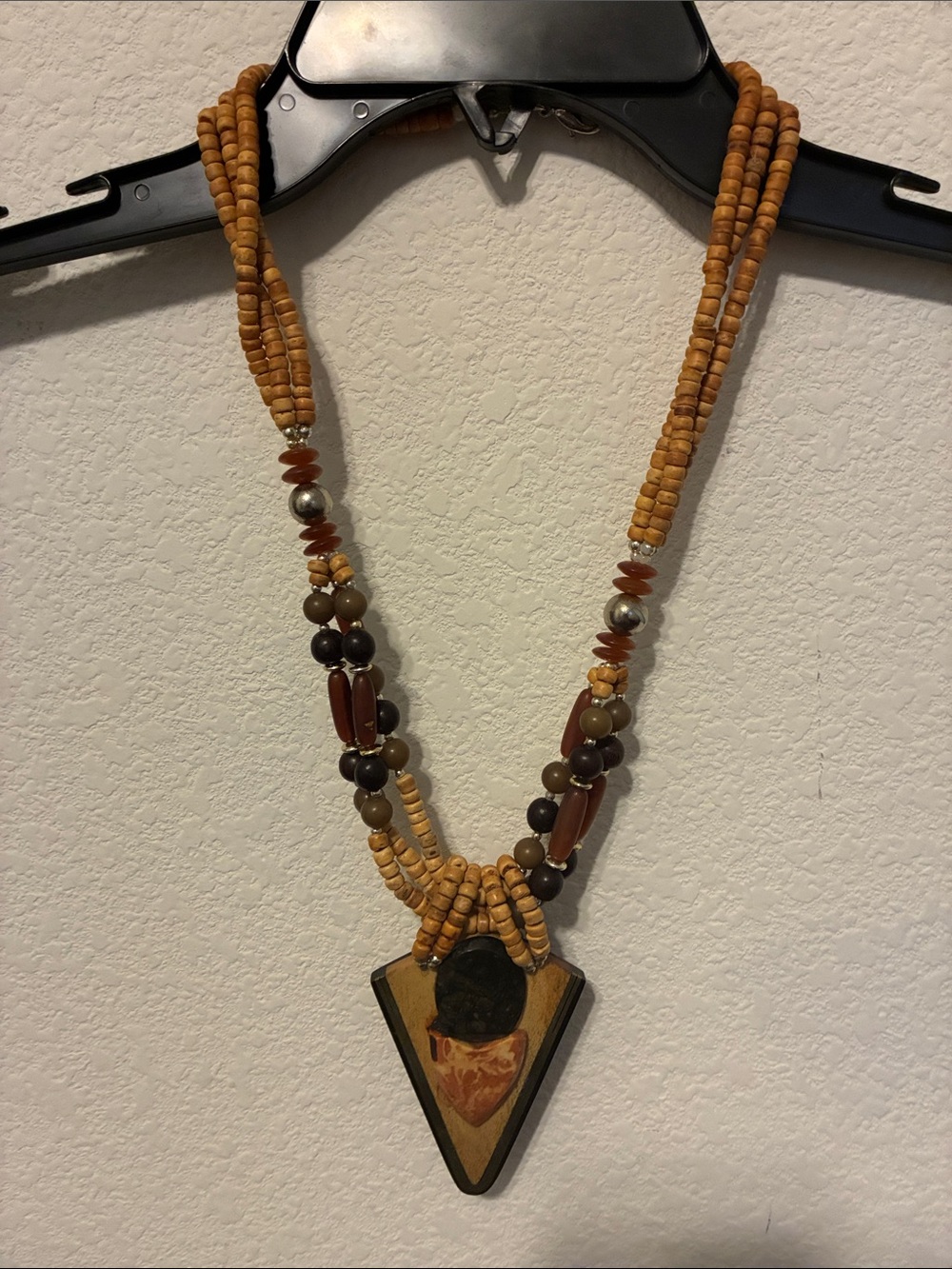 Vintage Brown and Tan Beaded Triangle Pendant Artisanal Boho Necklace